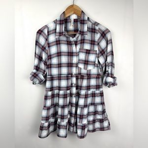 Free People Women White Red Tiered Plaid Flannel Button Down Top Boho Casual 2 S